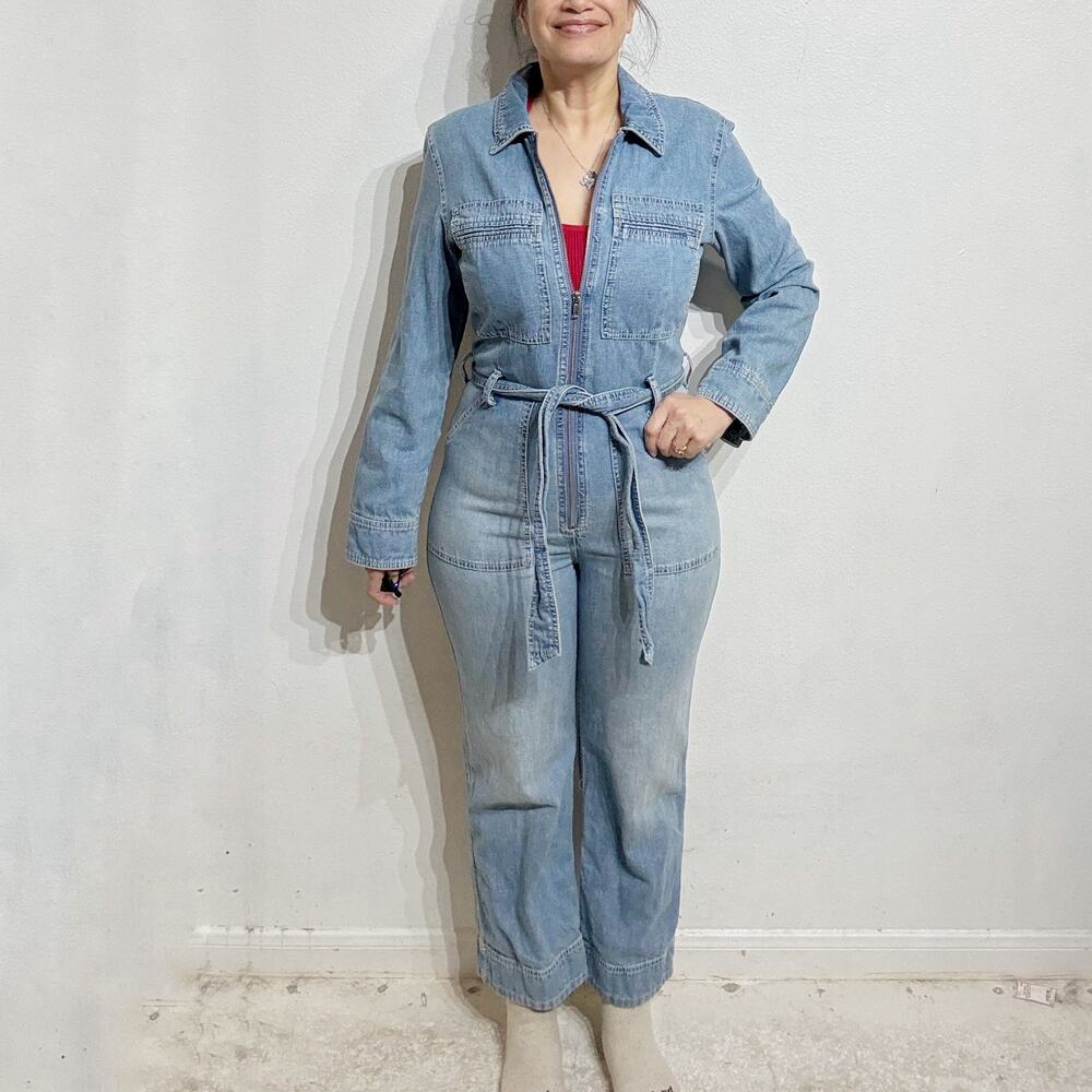 Free People Blue Denim Utility Belted Straight Leg Zip Front Jumpsuit Sz 8